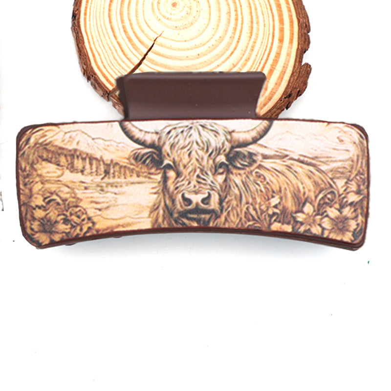 Wholesale Western Cowboy Style Cow Head Flower Pattern PU Leather Hair Clip